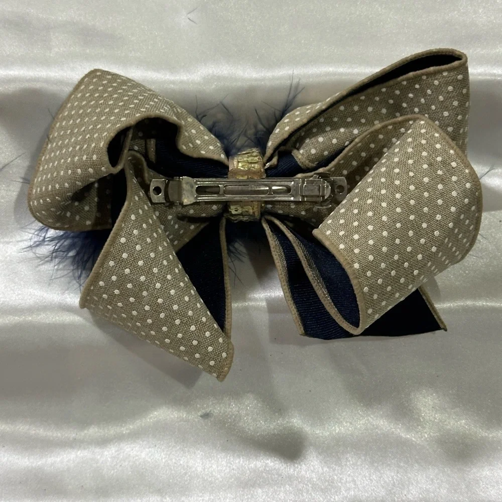 Polka Dot Bow Hair Clip with Navy Feather Trim